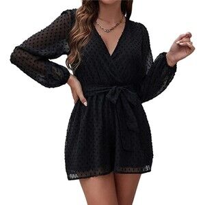 Chiffon Wrap V Neck Lantern Long Sleeve Belted Short Romper Sz S
